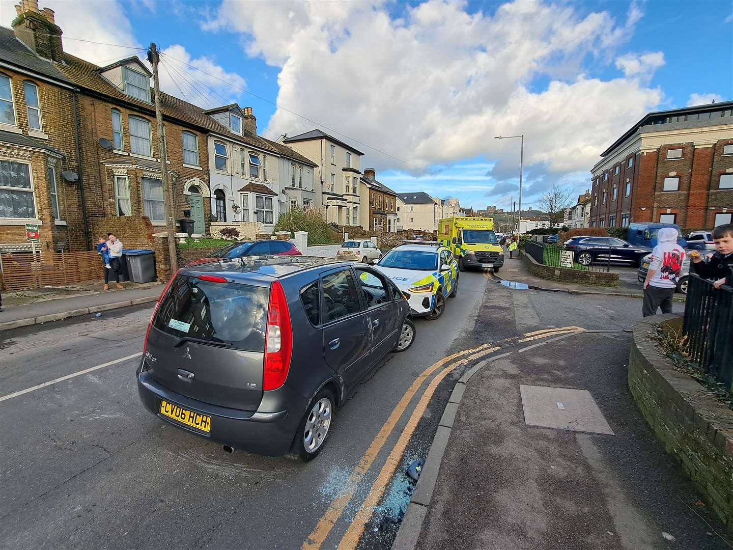 Police and paramedics in Folkestone Road, Dover following an earlier incident. Picture: Sam Lennon