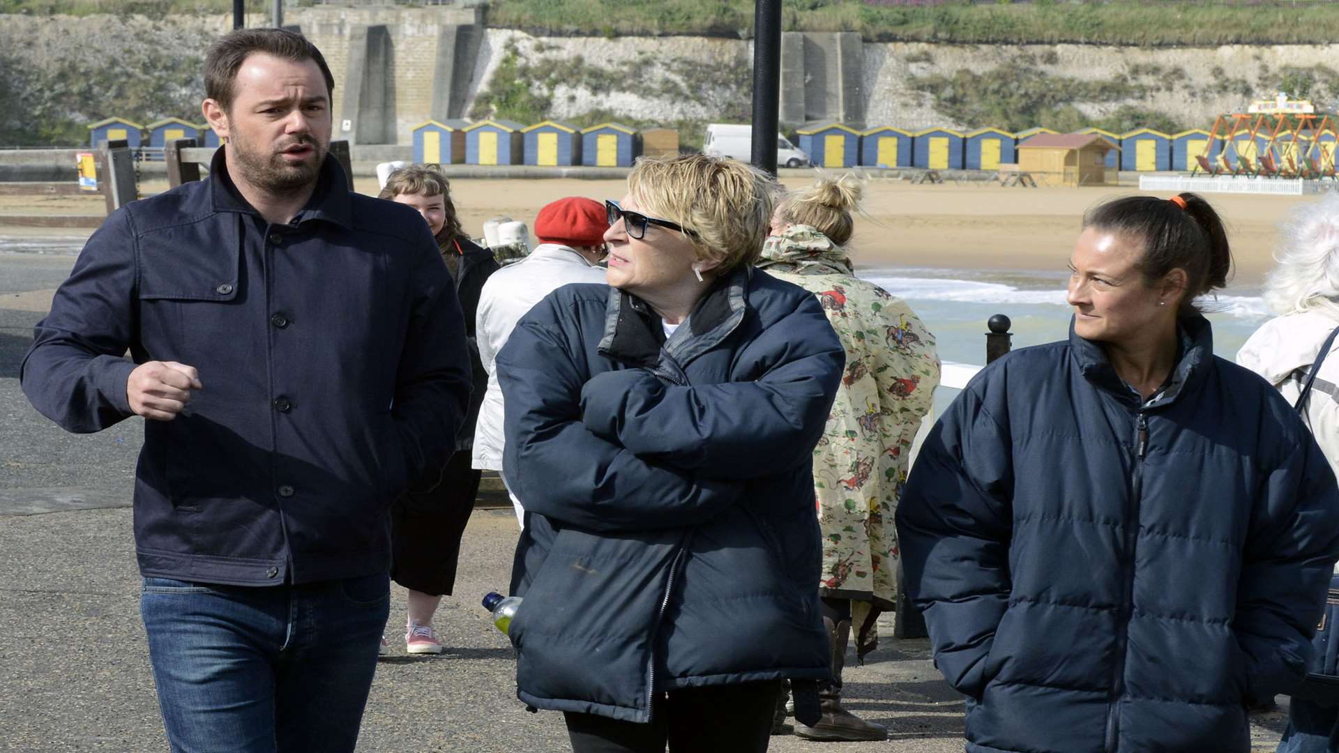 Danny Dyer (Mick Carter), Linda Henry (Shirley Carter) and Luisa Bradshaw-White (Tina Carter) in Viking Bay, Broadstairs