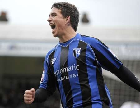 Cody McDonald celebrates scoring the only goal of the game as Gillingham beat Northampton 1-0