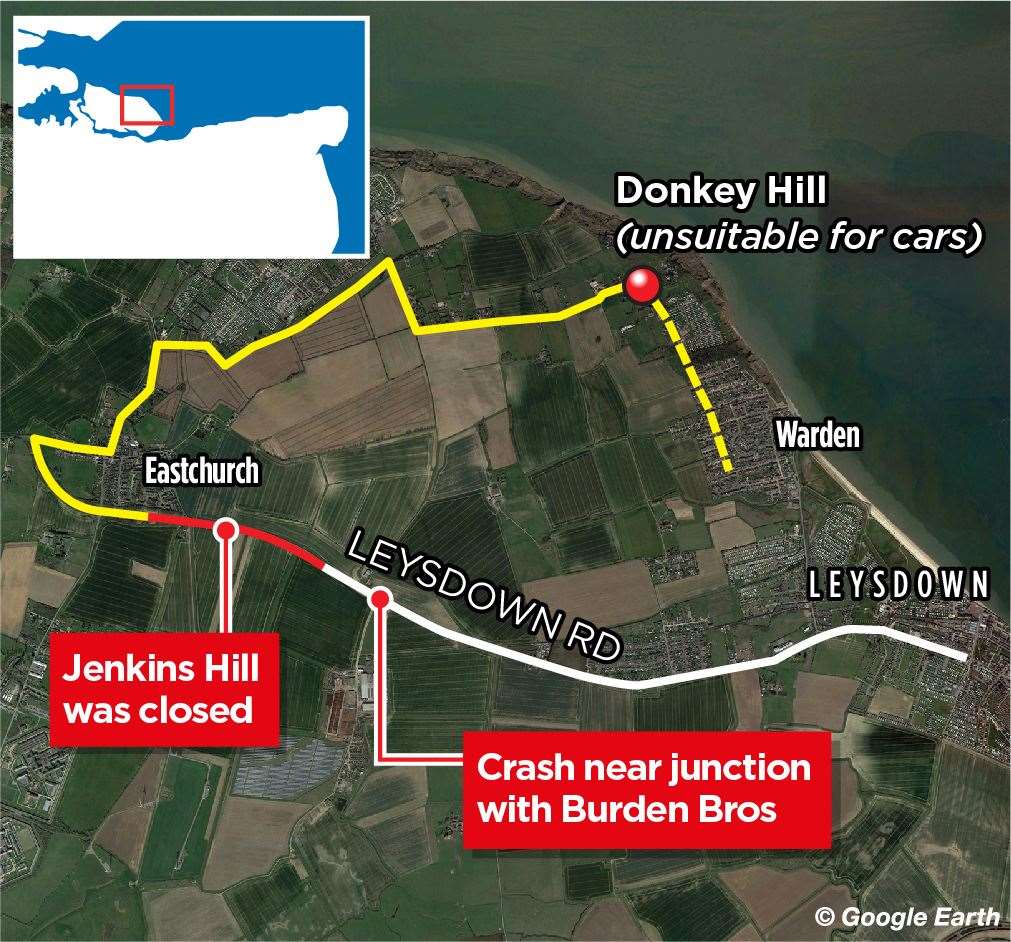 A graphic showing the only other route into Leysdown when Leysdown Road is shut (51881009)