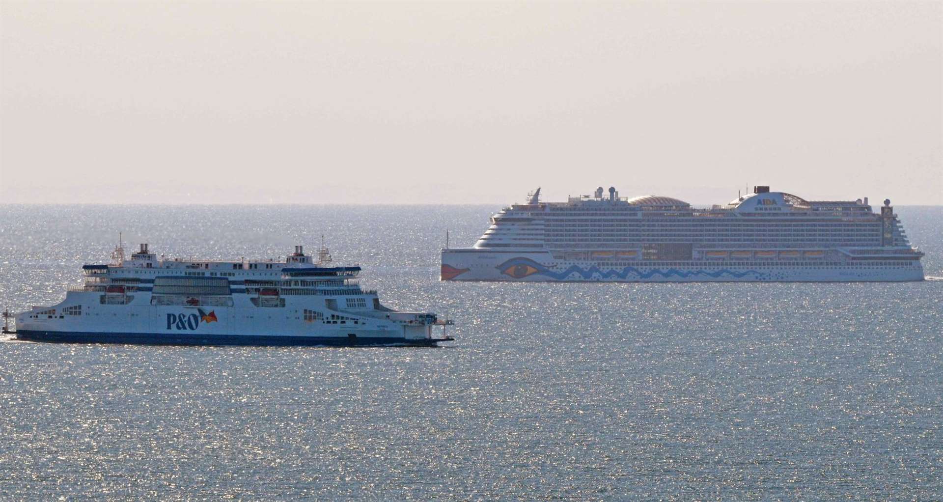 The AIDAPerla passed a P&O ferry as it headed back towards Ramsgate on Sunday. Picture: Dover Strait Shipping - FotoFlite / Paul Joliffe