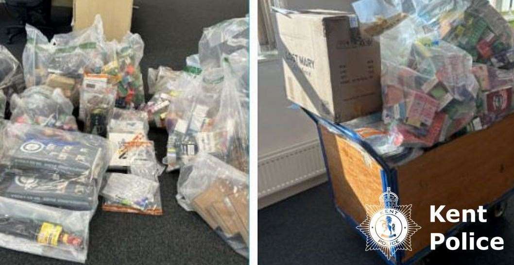 Police seized hundreds of unlicensed vapes, counterfeit cigarettes and crossbows during a shop inspection. Photo: Kent Police