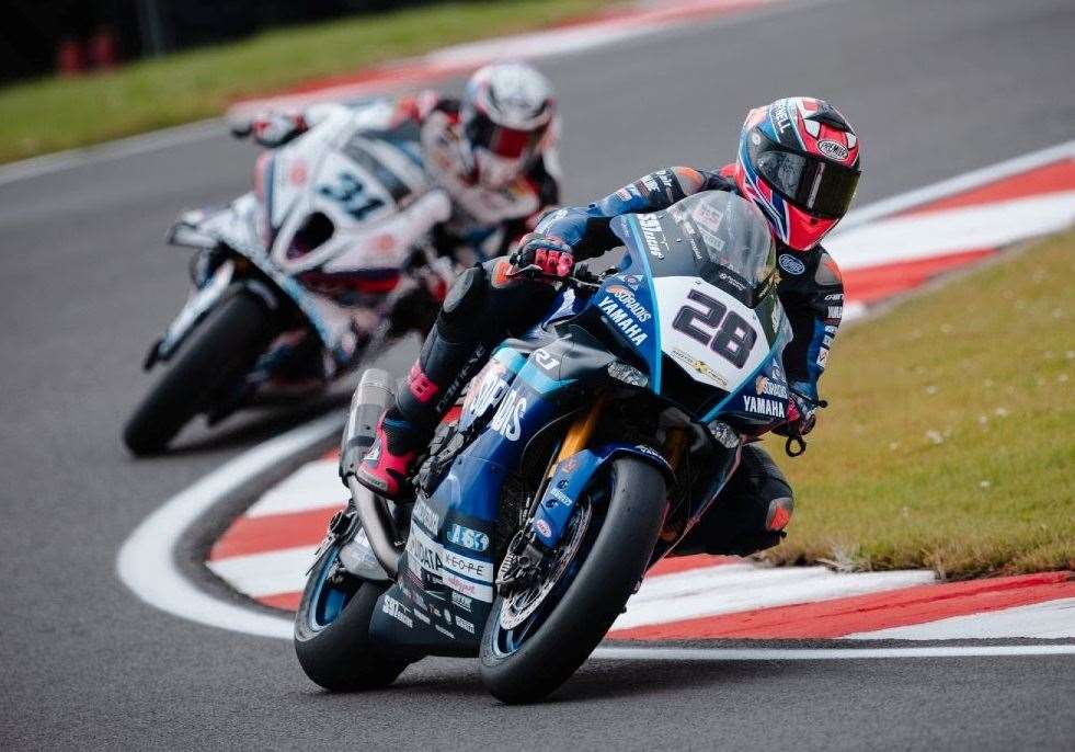 Bradley Ray (No.28) in action for Yamaha Motoxracing in the Superbike World Championship at Donington Park. Picture: Giulio Di Natale