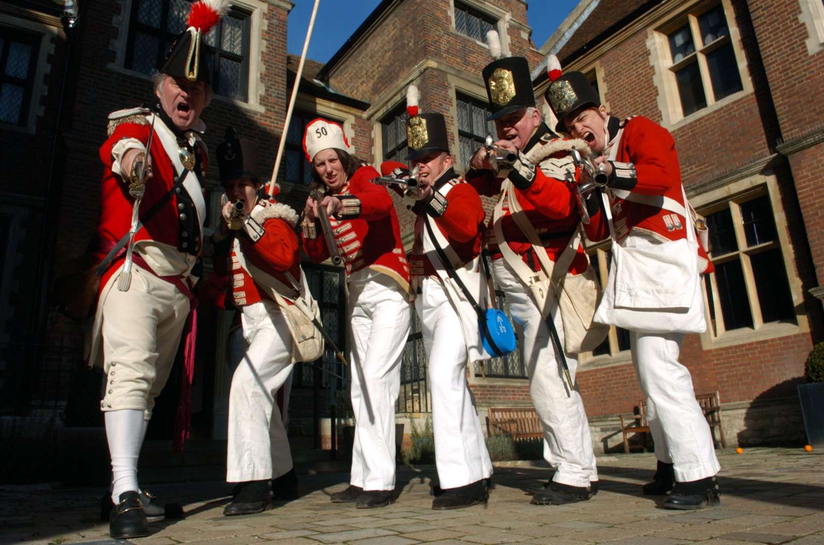 50th Foot Re-Enactment Regiment meet at Maidstone Museum to commemorate the 198th anniversary of The Battle of Corunna. L-R Brian Keeling, Keri Tolhurst, Emily Dighton, Philip Attwood, Andy Morrison and Megan Eisenbraun. Photograph by Matthew Walker (13241059)