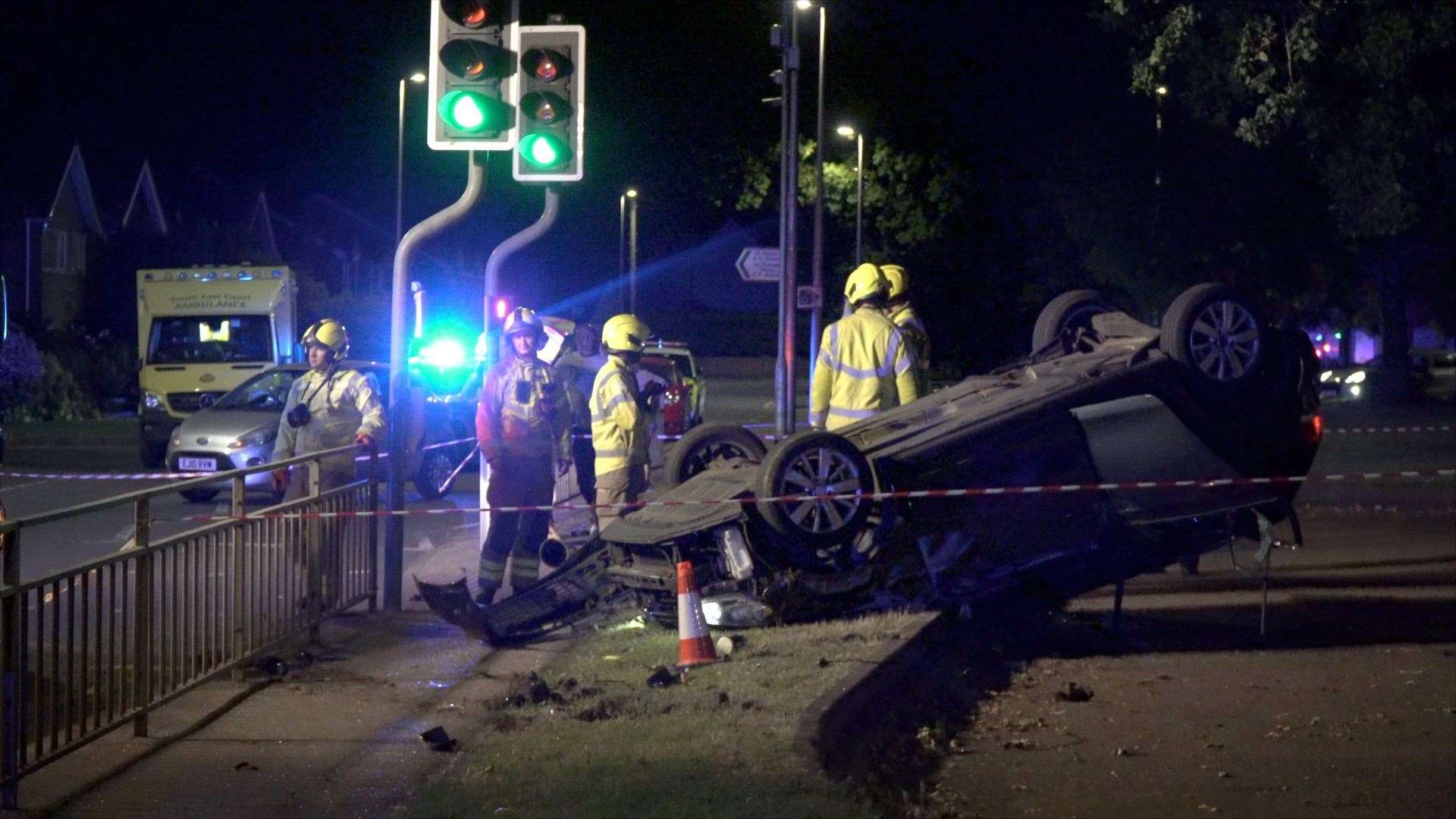 One car flipped on its head during the crash