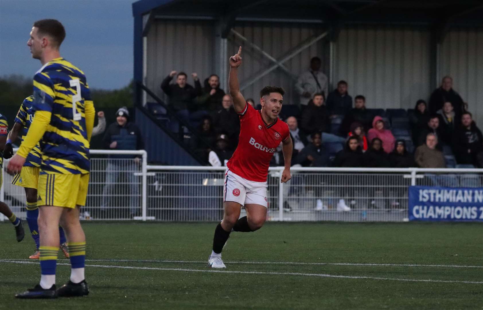 Jordy Robins celebrates scoring Chatham's opening goal Picture: Max English