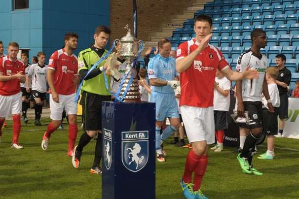 Paul Lorraine leads Ebbsfleet out for the Kent Senior Cup final Picture: Steve Crispe