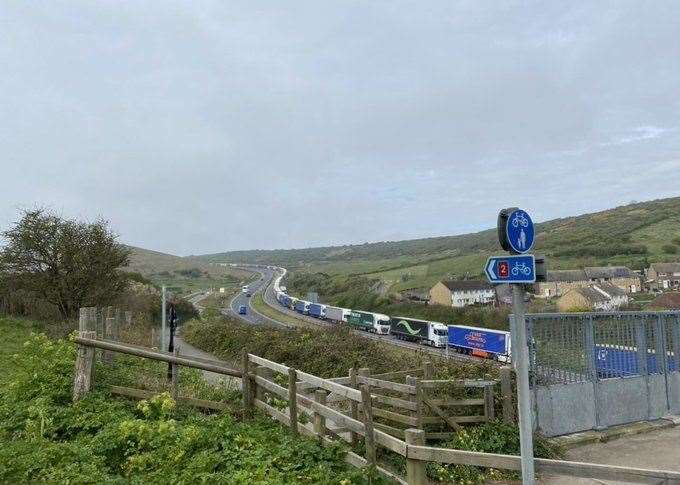 Queuing lorries on the approach to the Port of Dover. Picture: @NatalieElphicke