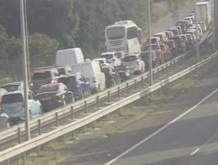 Queuing traffic on the M2 following a crash between a car and a motorbike. Photo: KCC Highways