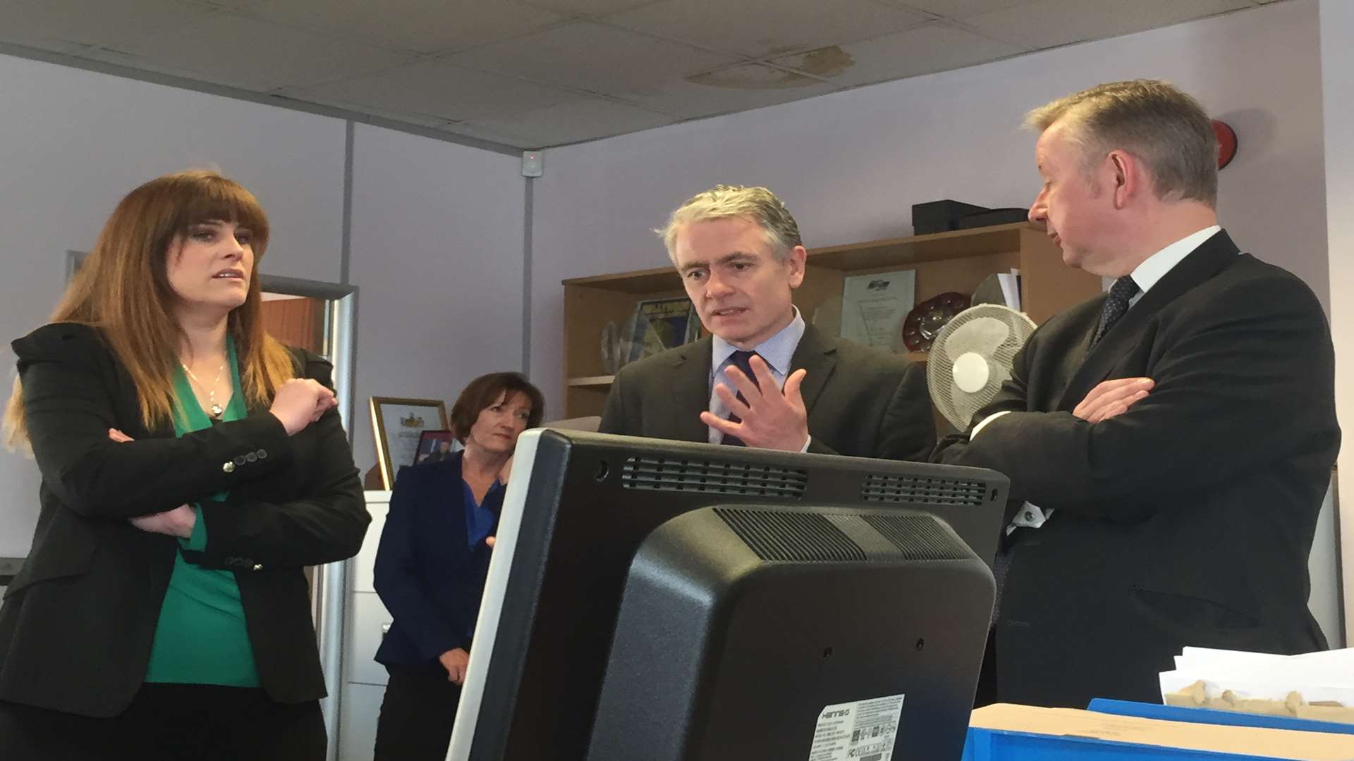 Conservative chief whip Michael Gove, with parliamentary candidate for Rochester and Strood Kelly Tolhurst, meets with Medway Messenger editor Bob Bounds