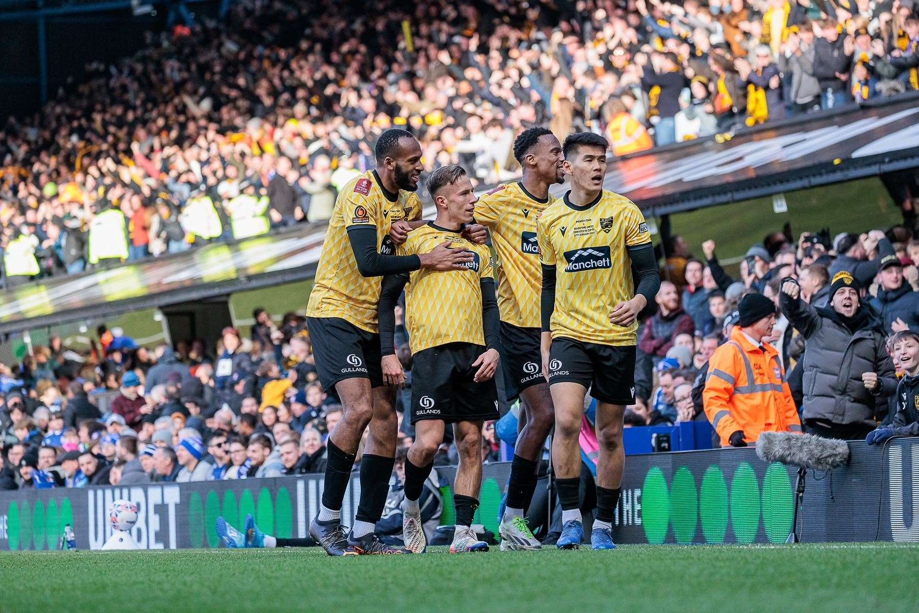 Sam Corne celebrates putting Maidstone 2-1 up in the FA Cup fourth round. Picture: Helen Cooper