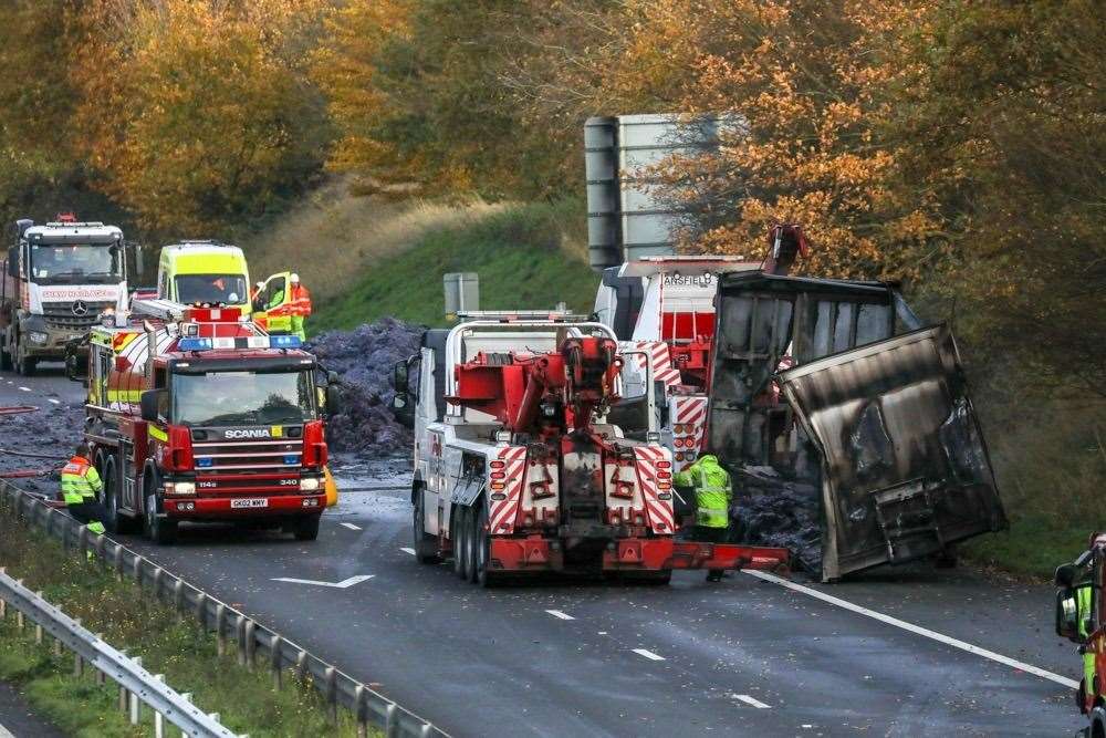 Fire crews were called to the M2 lorry fire near Sittingbourne at around 4am. Picture: UKNip