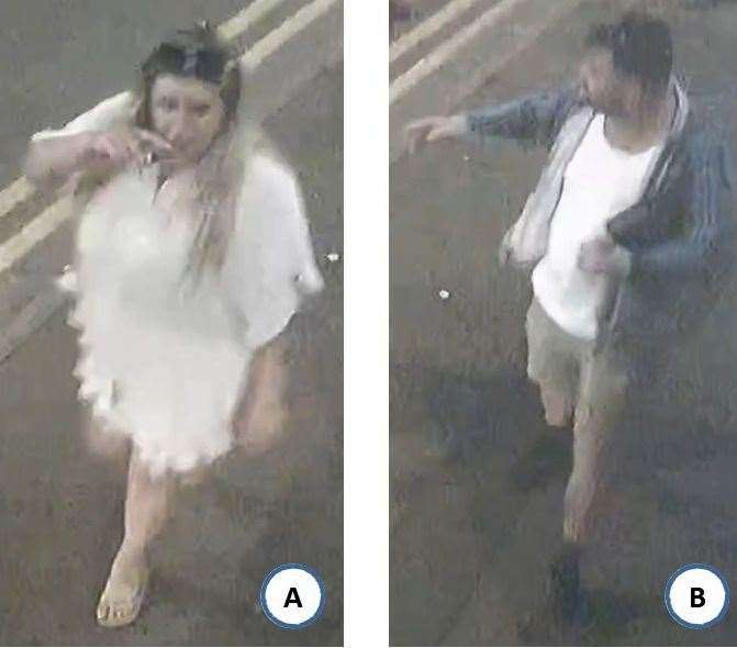 The CCTV images show two people who may be able to assist police inquiries regarding an assault in Puddling Lane, Maidstone. Picture: Kent Police