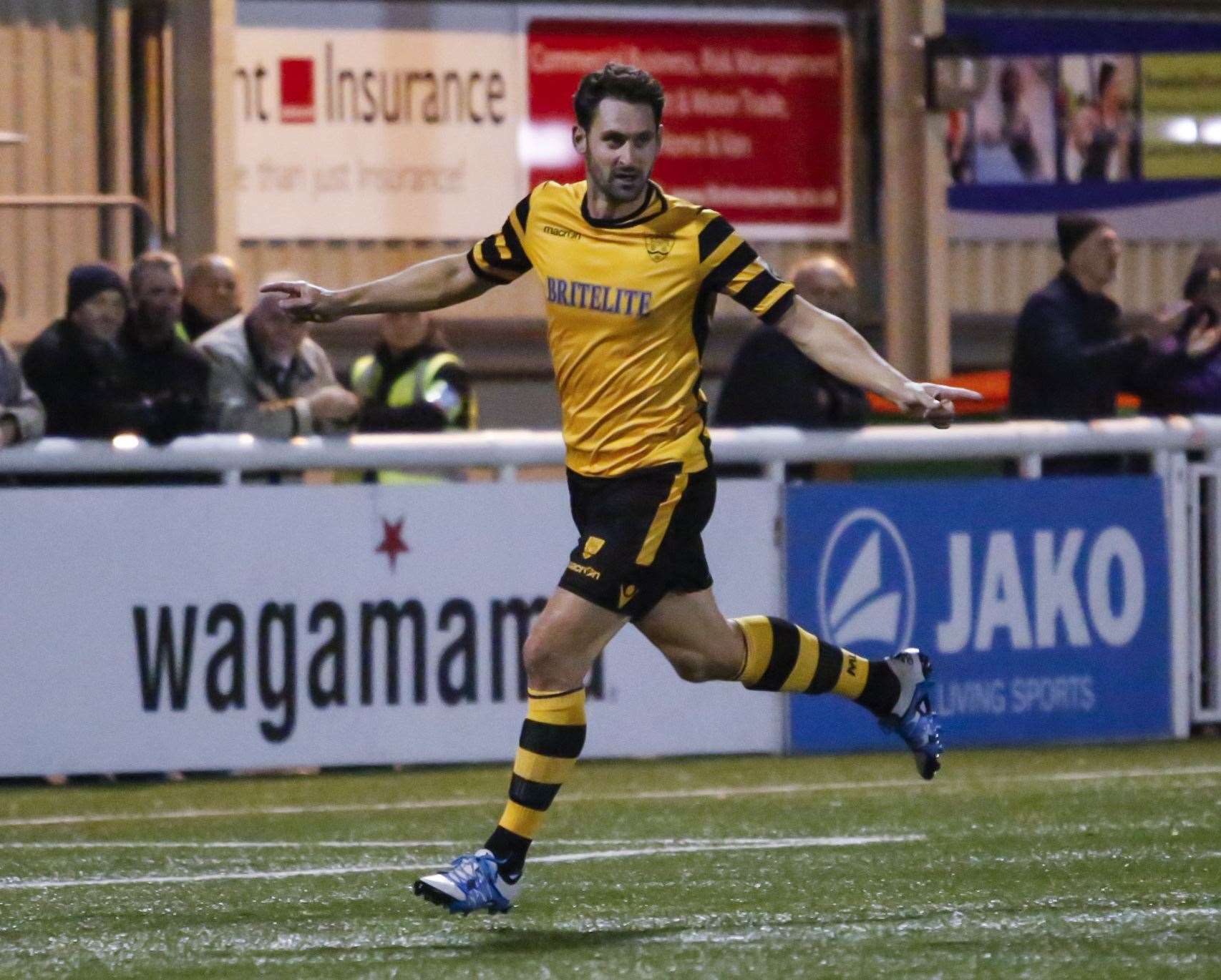 Jay May celebrates one of his 18 league goals at the Gallagher Picture: Martin Apps