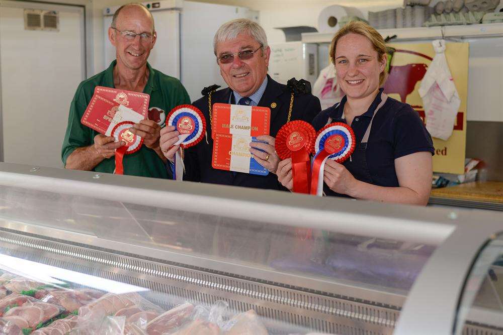 Roger Dunn from Goldstone Butchers, Sandwich Mayor, Cllr Paul Graeme and Alice Dunn.