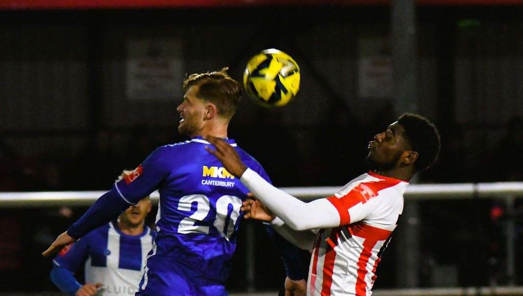 Jacob Gilbert, pictured in action at Sheppey, is set to be unavailable for Herne Bay due to work commitments. Picture: Marc Richards