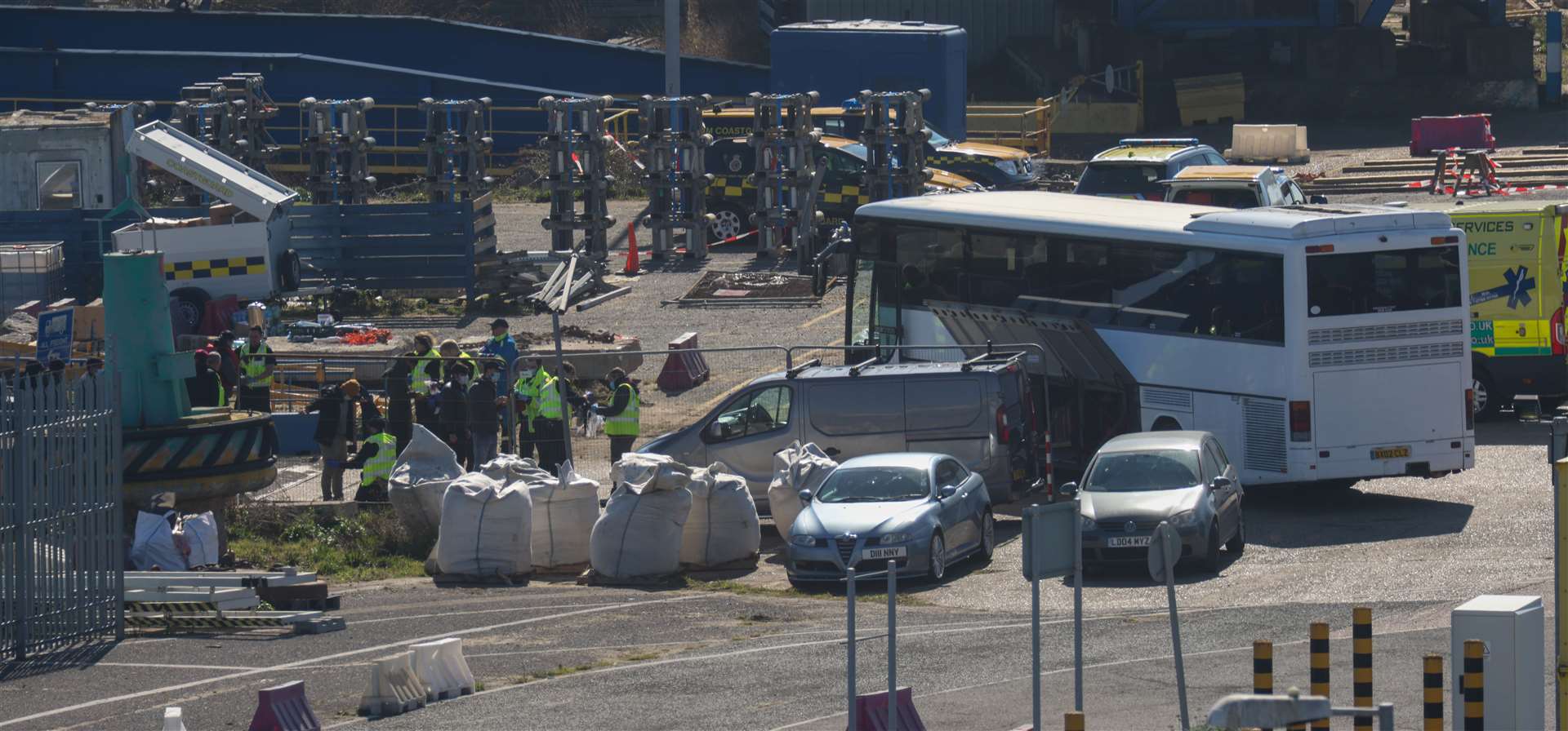 A number of people were brought into Ramsgate today, before being transported elsewhere for further checks. Picture: UKNIP