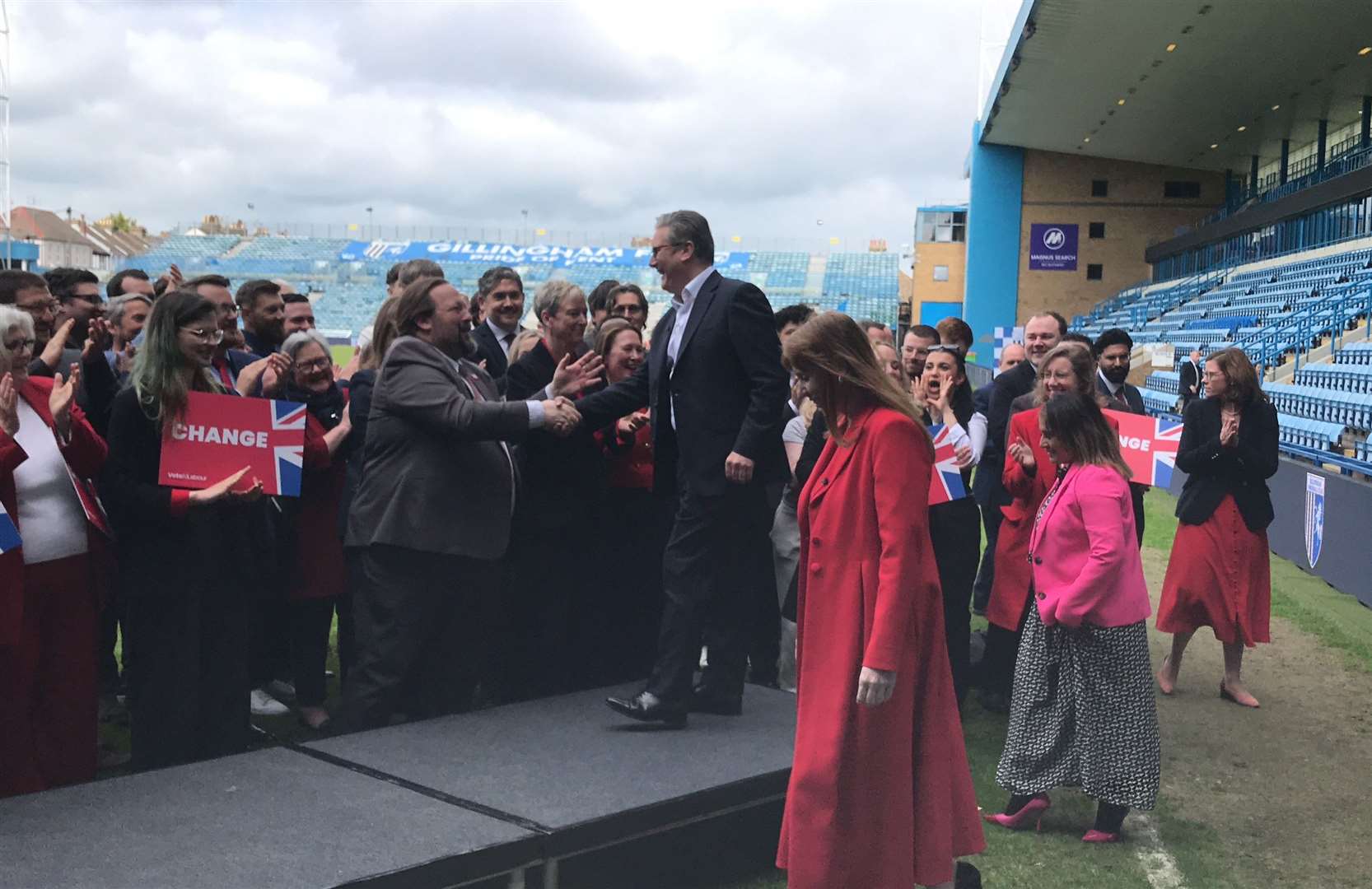 Keir Starmer greets Medway Council leader Vince Maple at the launch of the Labour party's election campaign at Priestfield Stadium.