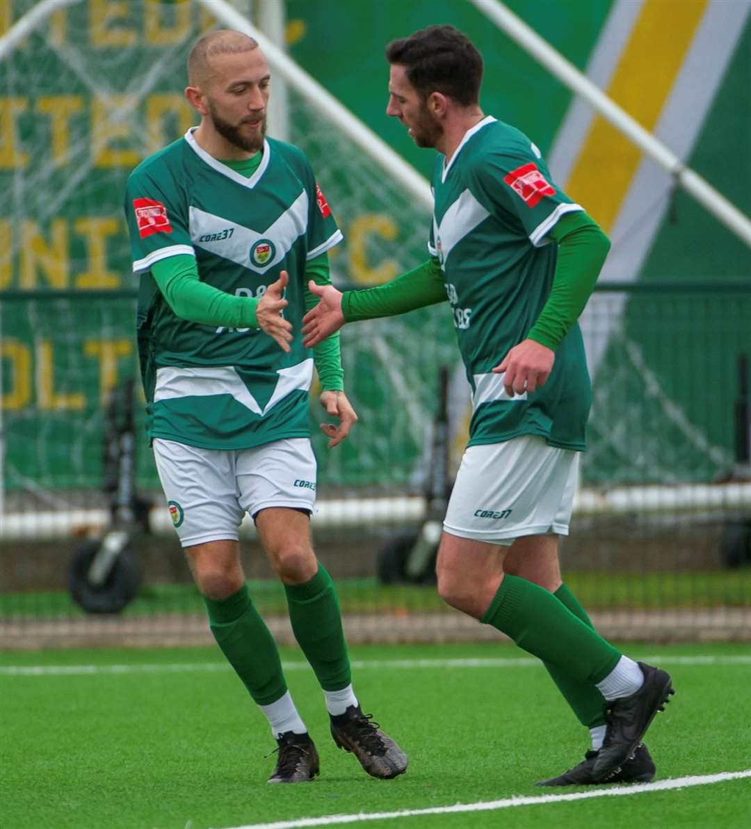 Ian Draycott, right, is congratulated after making it 1-1 against Beckenham. Picture: Ian Scammell