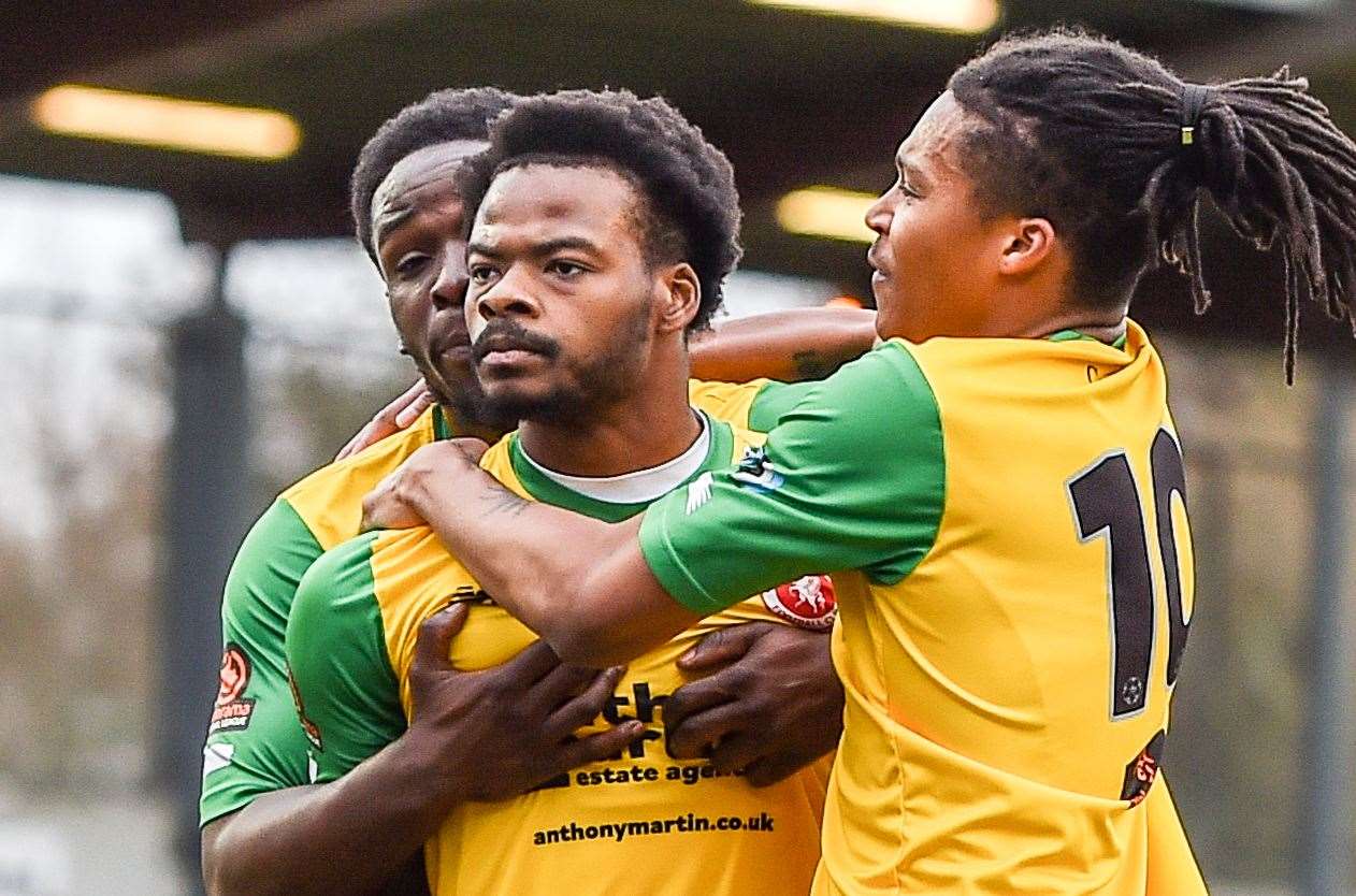 Dipo Akinyemi after scoring his second goal for Welling at Dartford on Saturday. Picture: Dave Budden (54707083)