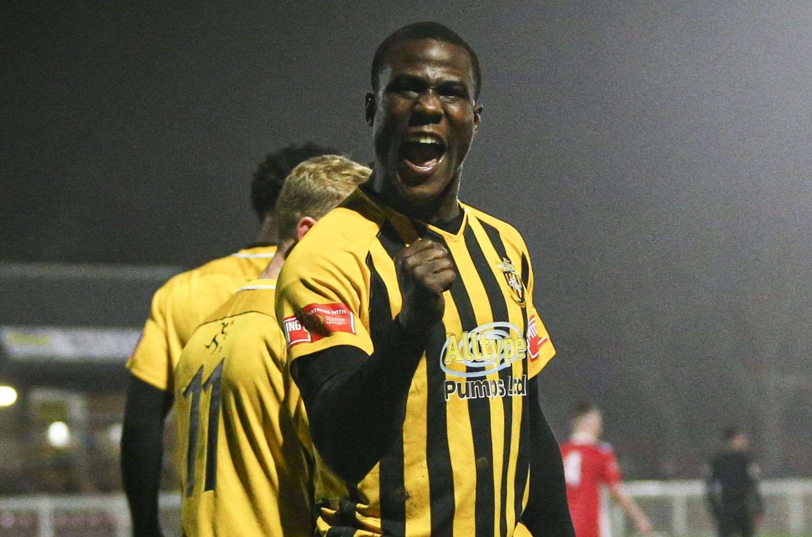 Yusuff celebrates netting his 15th goal of the season in the win over Uxbridge. Picture: Thomas West