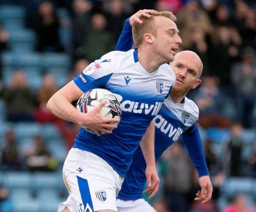 George Lapslie scores to make it 1-1 for Gillingham against Grimsby Town on Saturday. Picture: @Julian_KPI