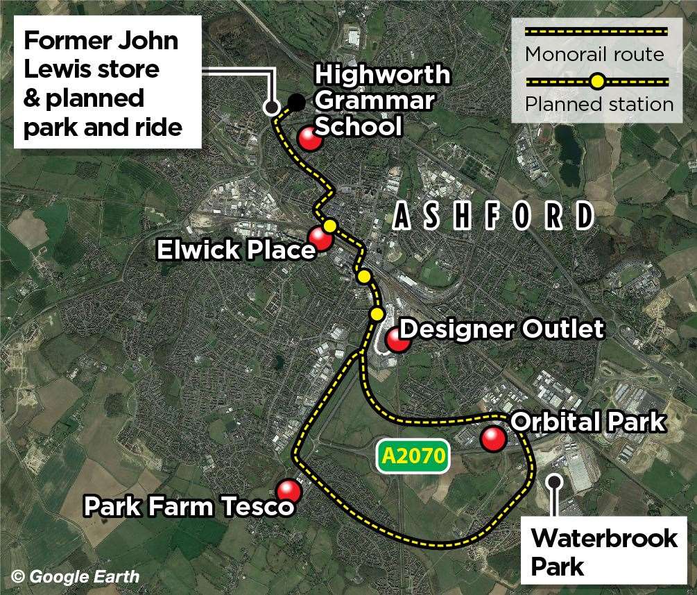 This map shows how the final route could have looked. Three stations were planned for the first phase of the project between the town centre and the Designer Outlet. More stops would have been added in phases, including outside John Lewis