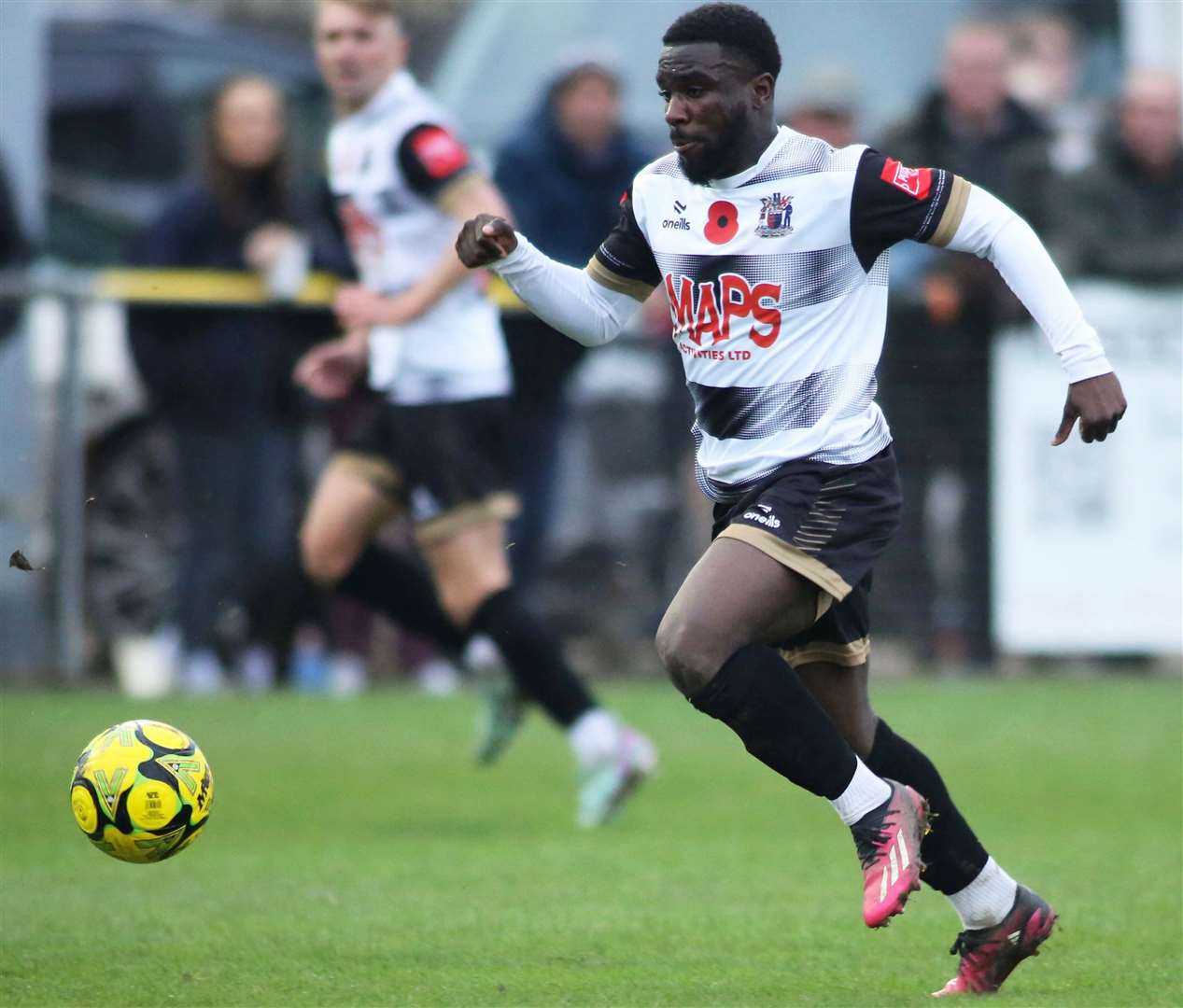 Two-goal Deal man Ife Oni in action in their 3-0 Isthmian South East win over Hythe last weekend. Picture: Paul Willmott