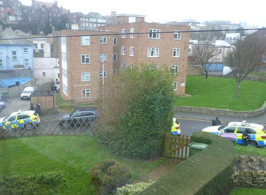 Police cars lined the foot of Harbour Way.