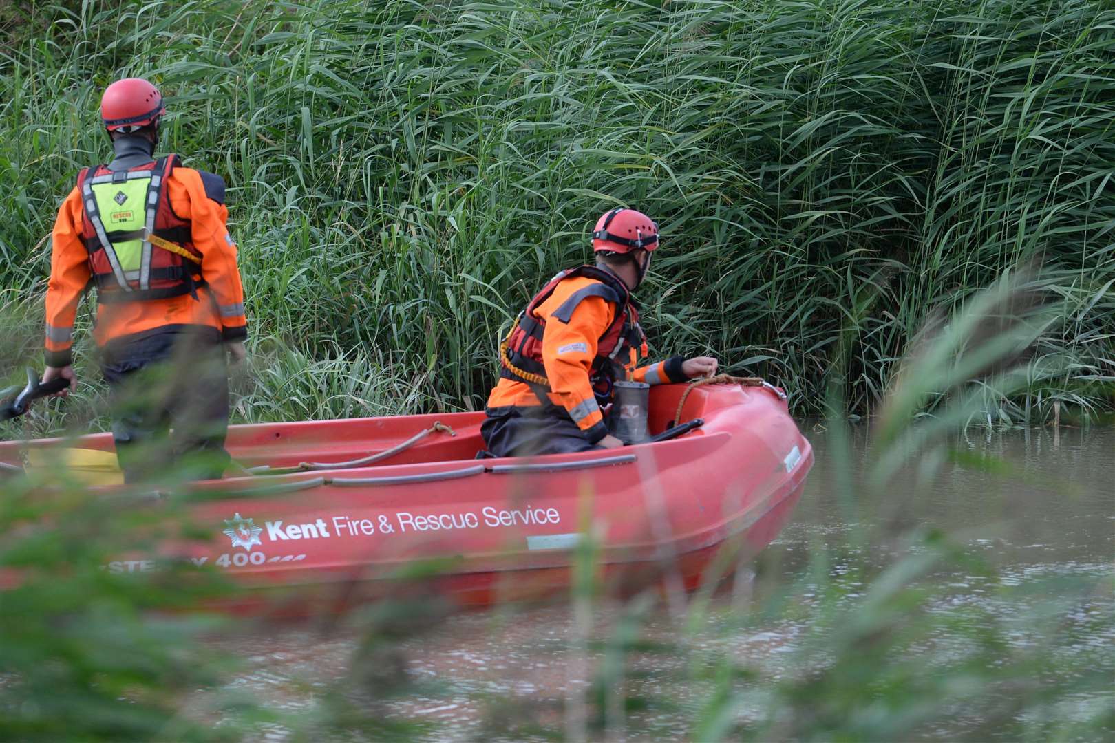 A Kent Fire and Rescue RIB in the search of the River Stour at Sandwich. Picture: Chris Davey