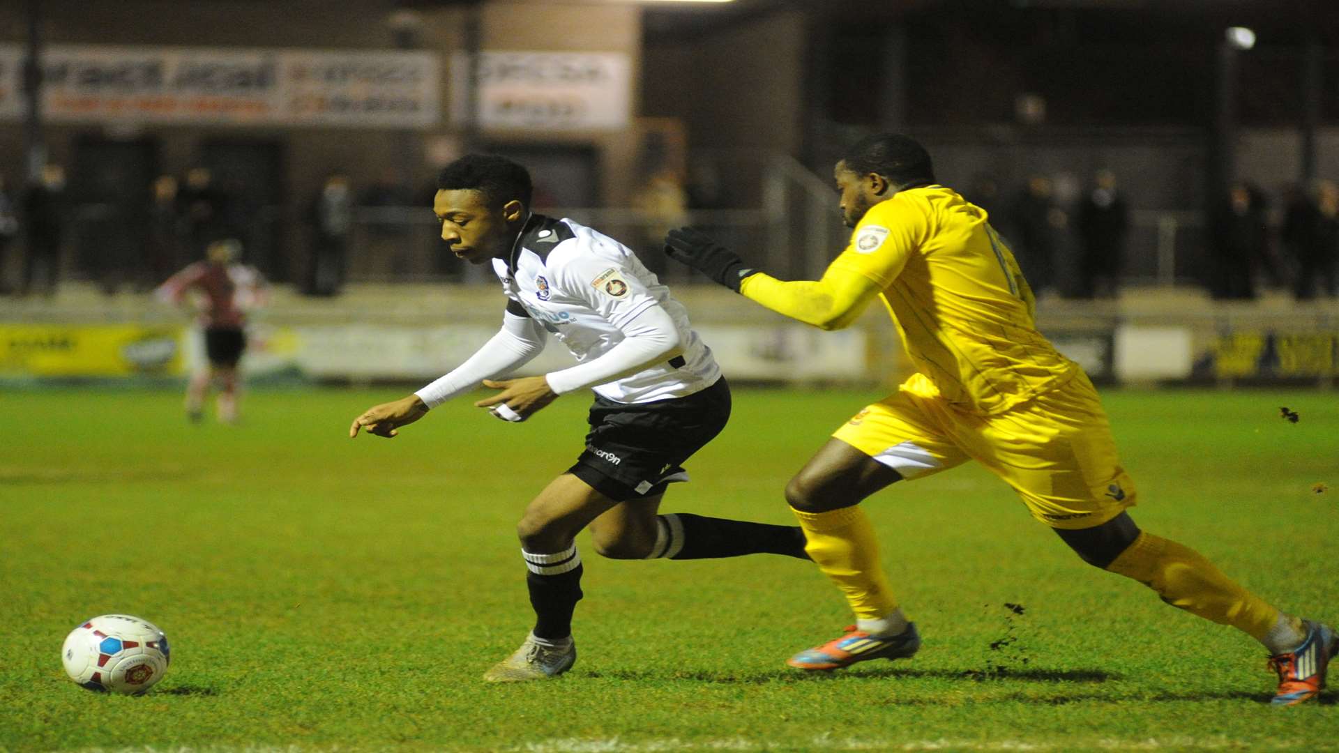 Ebou Adams in action against Wealdstone - his last game for Dartford Picture: Steve Crispe