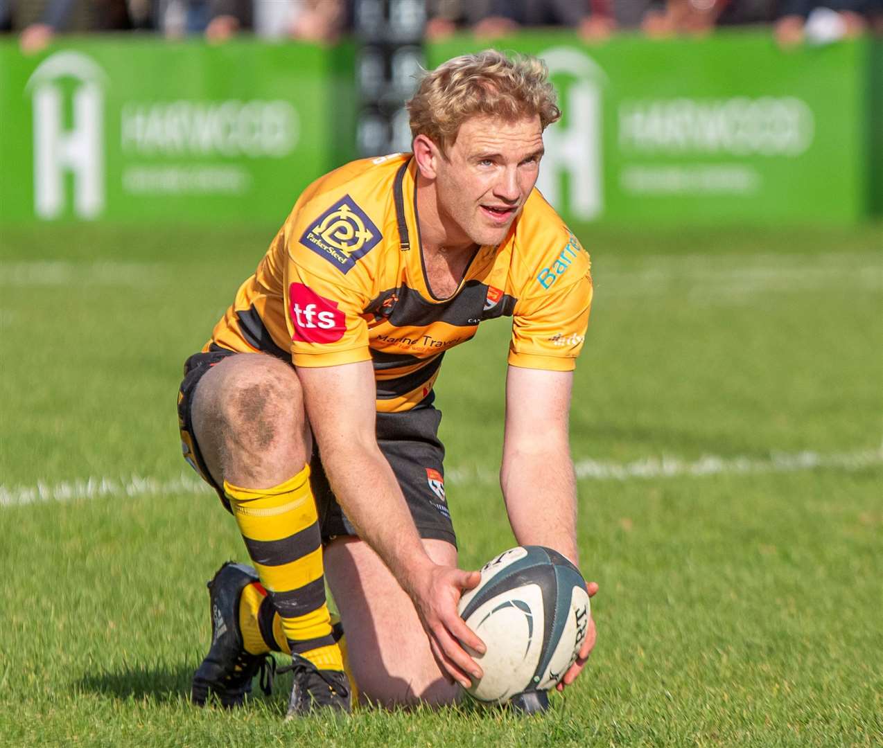 Frank Reynolds prepares to kick from the tee for Canterbury Rugby Club against Westcombe Park as his 29-point performance leads the city club to a 39-22 victory. Picture: Phillipa Hilton