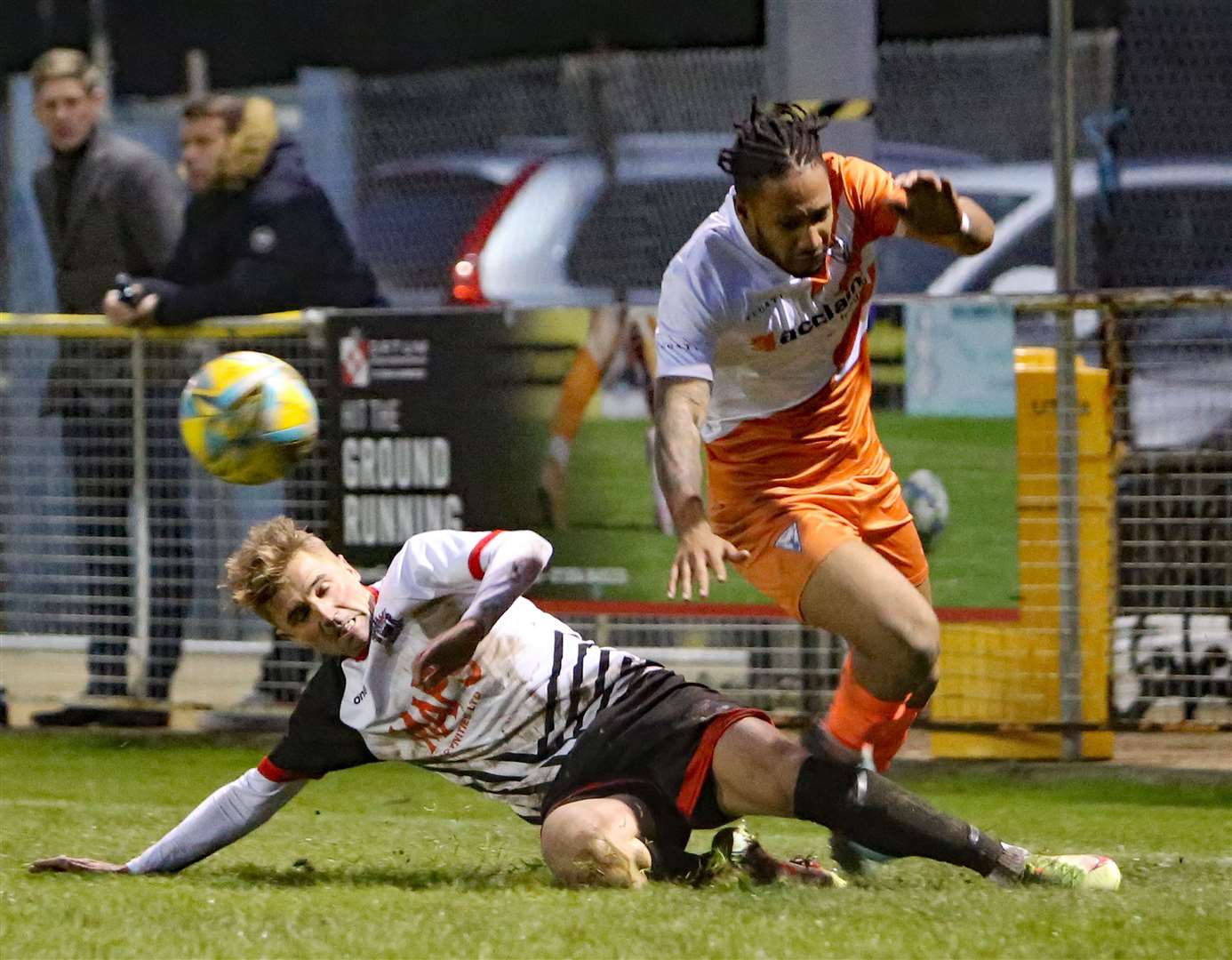 Tyrell Richardson-Brown, tackled here by Deal's Tom Chapman, scored the Erith & Belevedere winner. Picture: Paul Willmott