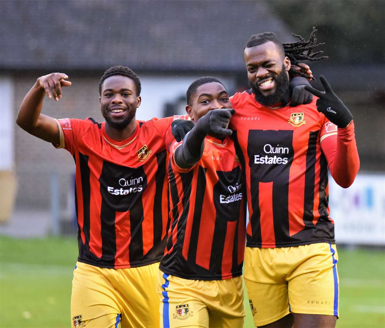 Sittingbourne striker Duane Ofori-Acheampong, right, celebrates at East Grinstead Picture: Ken Medwyn