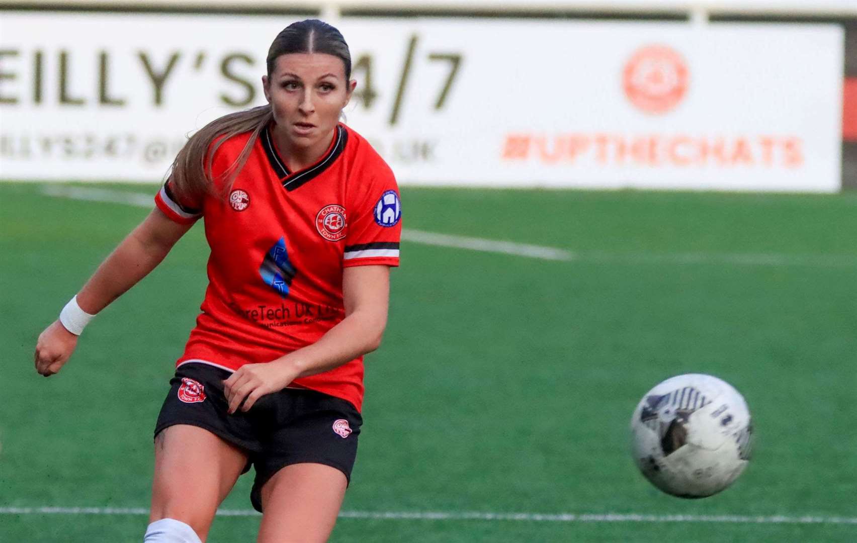 Megan Maslak plays the ball forward for Chatham Town Women. Picture: Allen Hollands