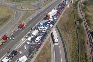 An aerial image shows the scale of the Sheppey Crossing pile-up. Picture: Simon Burchett