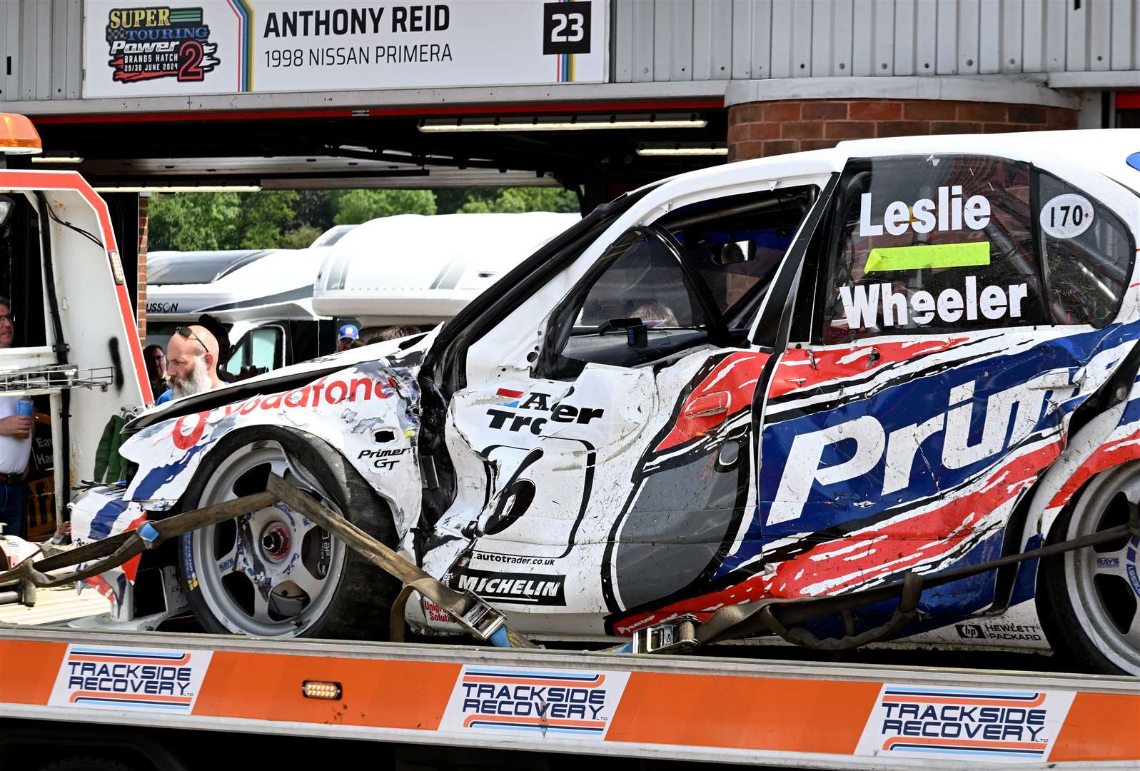 Richard Wheeler's ex-David Leslie Nissan Primera after his clash with Steve Soper. Picture: Simon Hildrew