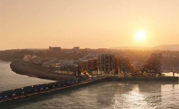 Image showing the proposed Folkestone seafront development – stretching from the already-built Shoreline Crescent flats on the left, to the tower blocks on the harbour arm car park on the right