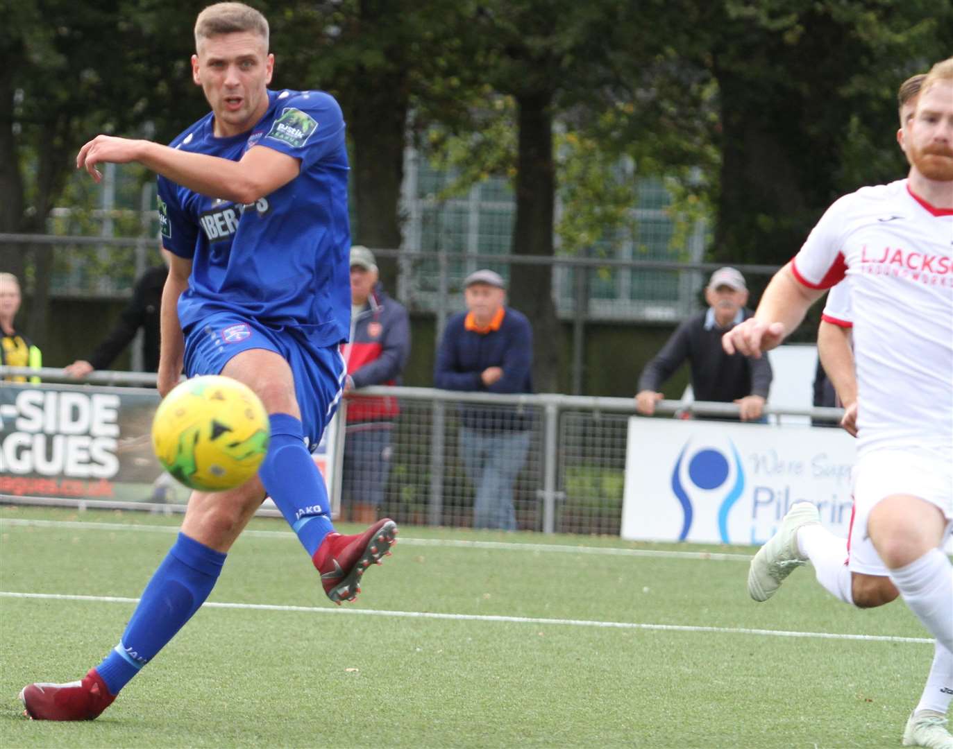 Joe Taylor curls home Margate's second goal against Horndean Picture: Don Walker