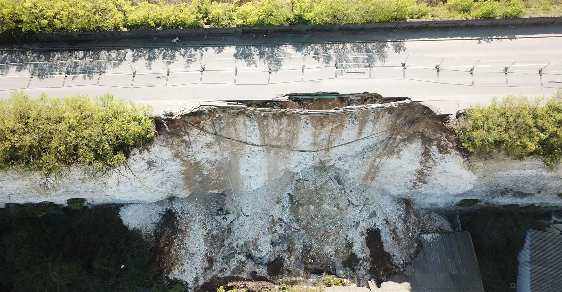 New drone pictures from Open Reach reveal the extent of the landslide in Galley Hill Road, Swanscombe