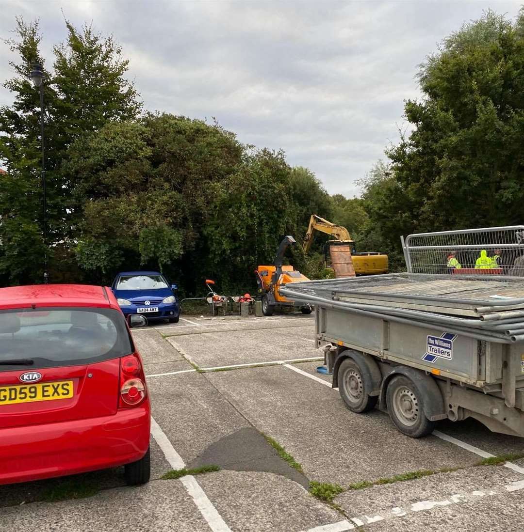 Machinery at the entrance to the site on the edge of the Guildhall car park