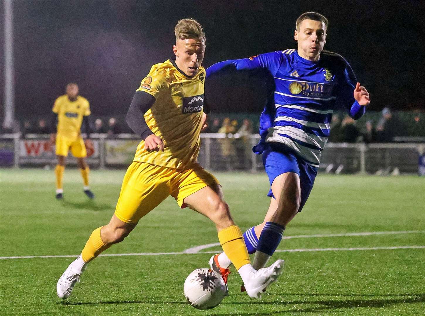 Sam Corne gets at the Aveley defence. Picture: Helen Cooper