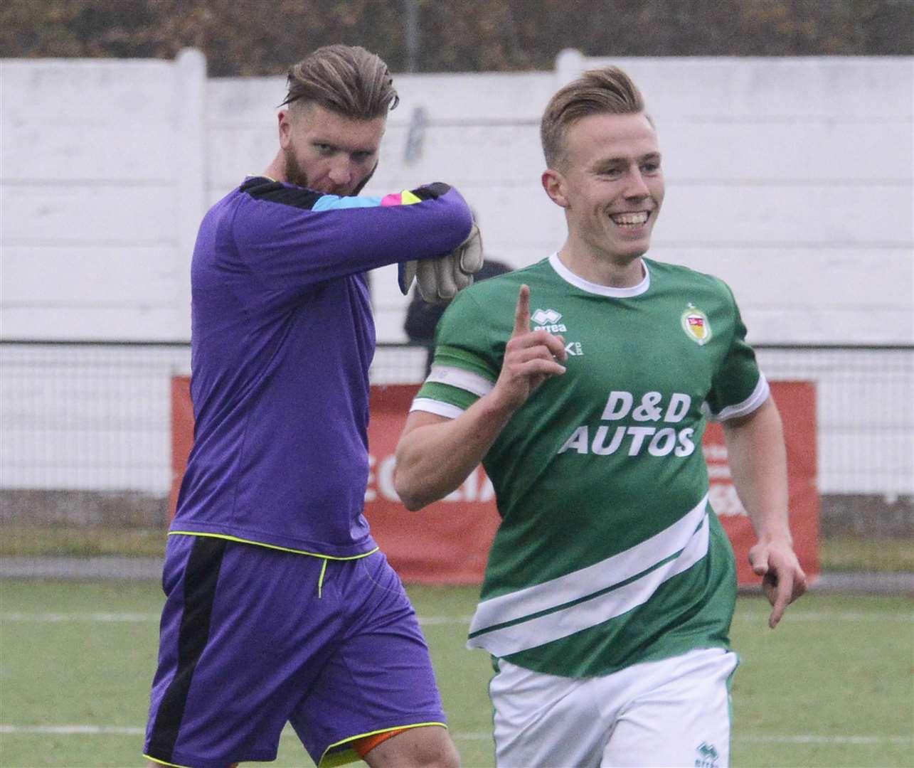 Sam Corne celebrates one of his two goals for Ashford Picture: Paul Amos