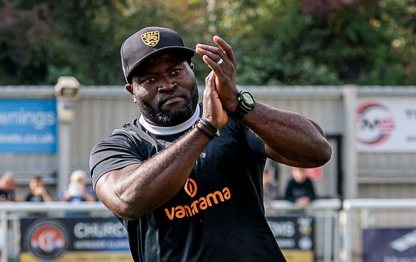 Maidstone manager George Elokobi - will rotate his pack for tonight’s Kent Senior Cup trip to Welling. Picture: Helen Cooper