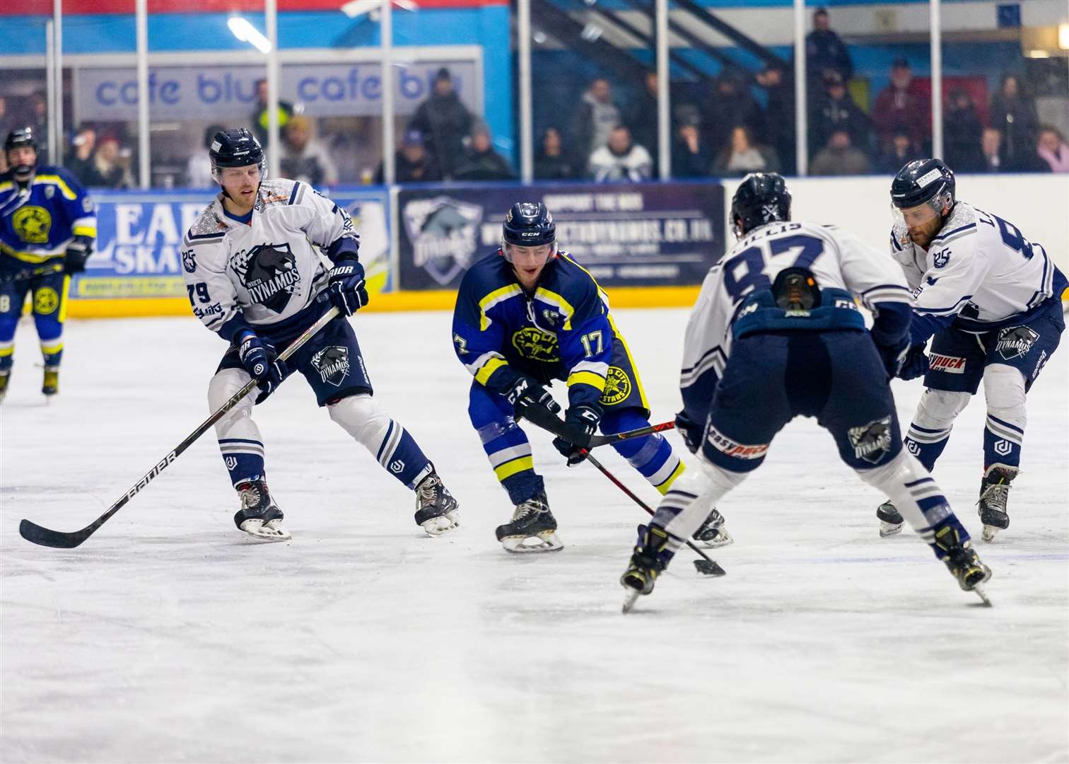 Tom Soar, Harrison Lillis and Stanislav Lascek thwart the Oxford attack for Invicta Dynamos Picture: David Trevallion