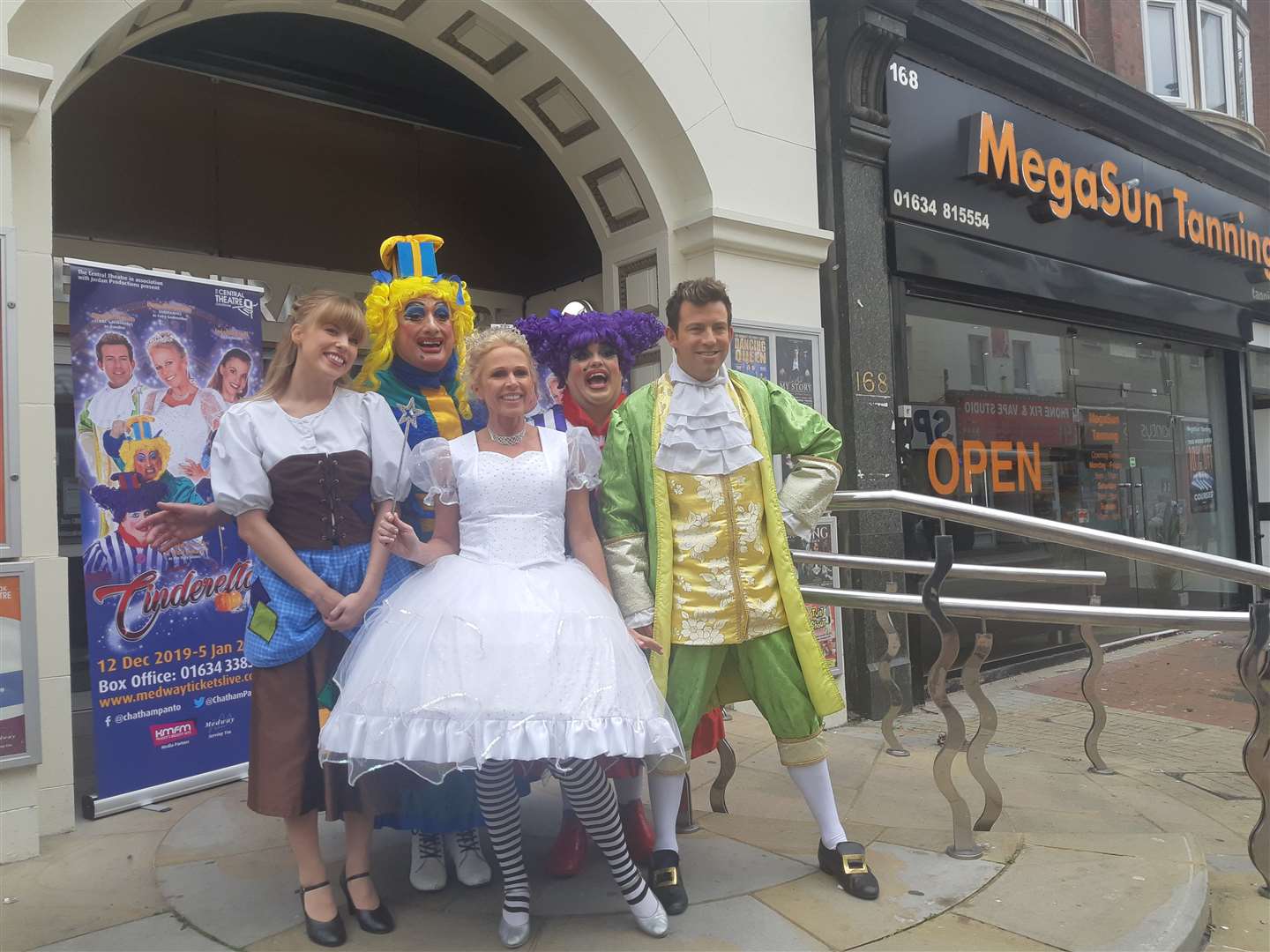 Jessica Croll (Cinderella), Richard Pocock (Flora), Lucy Benjamin (Fairy Godmother), Harry Hart (Marj) and Derek Moran (Dandini)