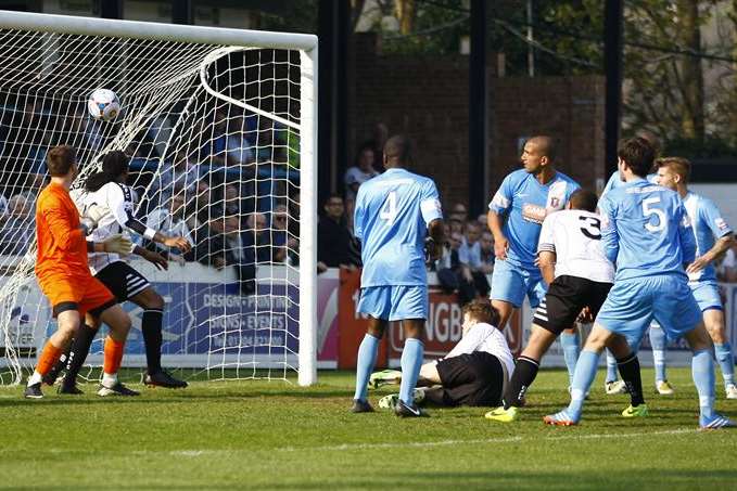 Callum Davies grabs Dover's equaliser against Whitehawk Picture: Matt Bristow