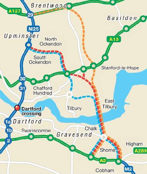 The possible routes of a new Lower Thames Crossing. Highways England's preferred route is in red, connecting with the M2