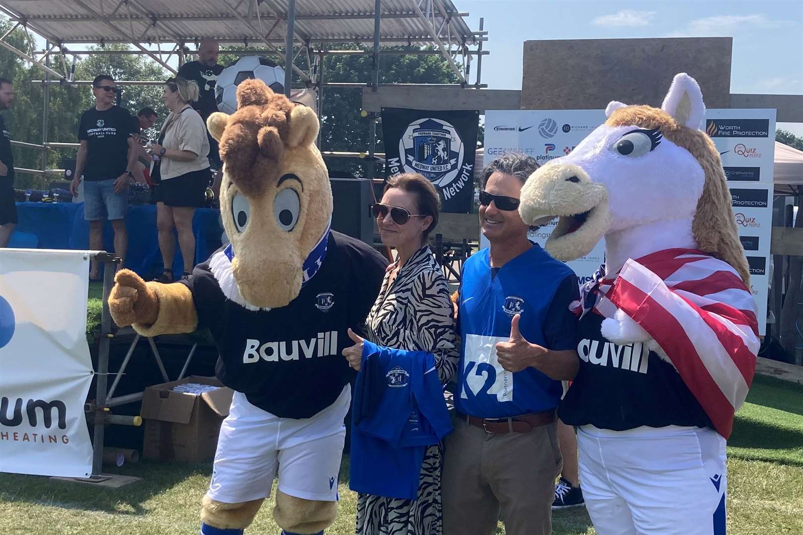 Gillingham’s club mascots Tommy and Tammy with the Galinsons on Sunday