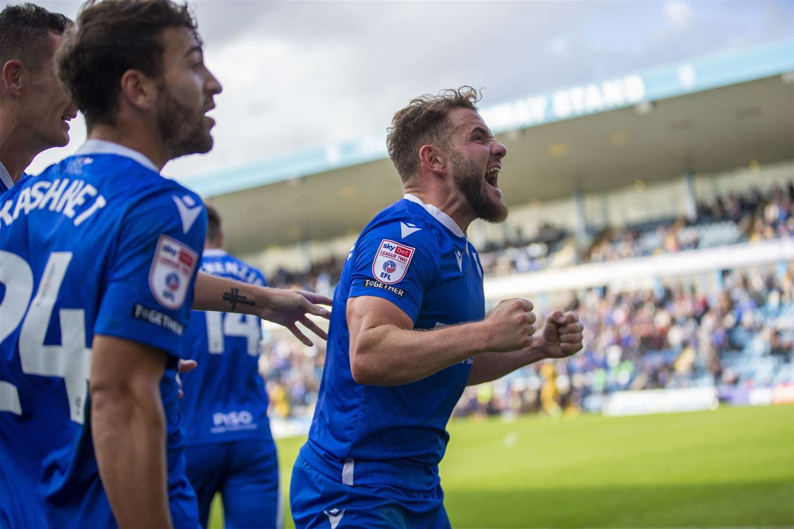 Alex MacDonald celebrates his stoppage-time goal infront of the Rainham End Picture: KPI